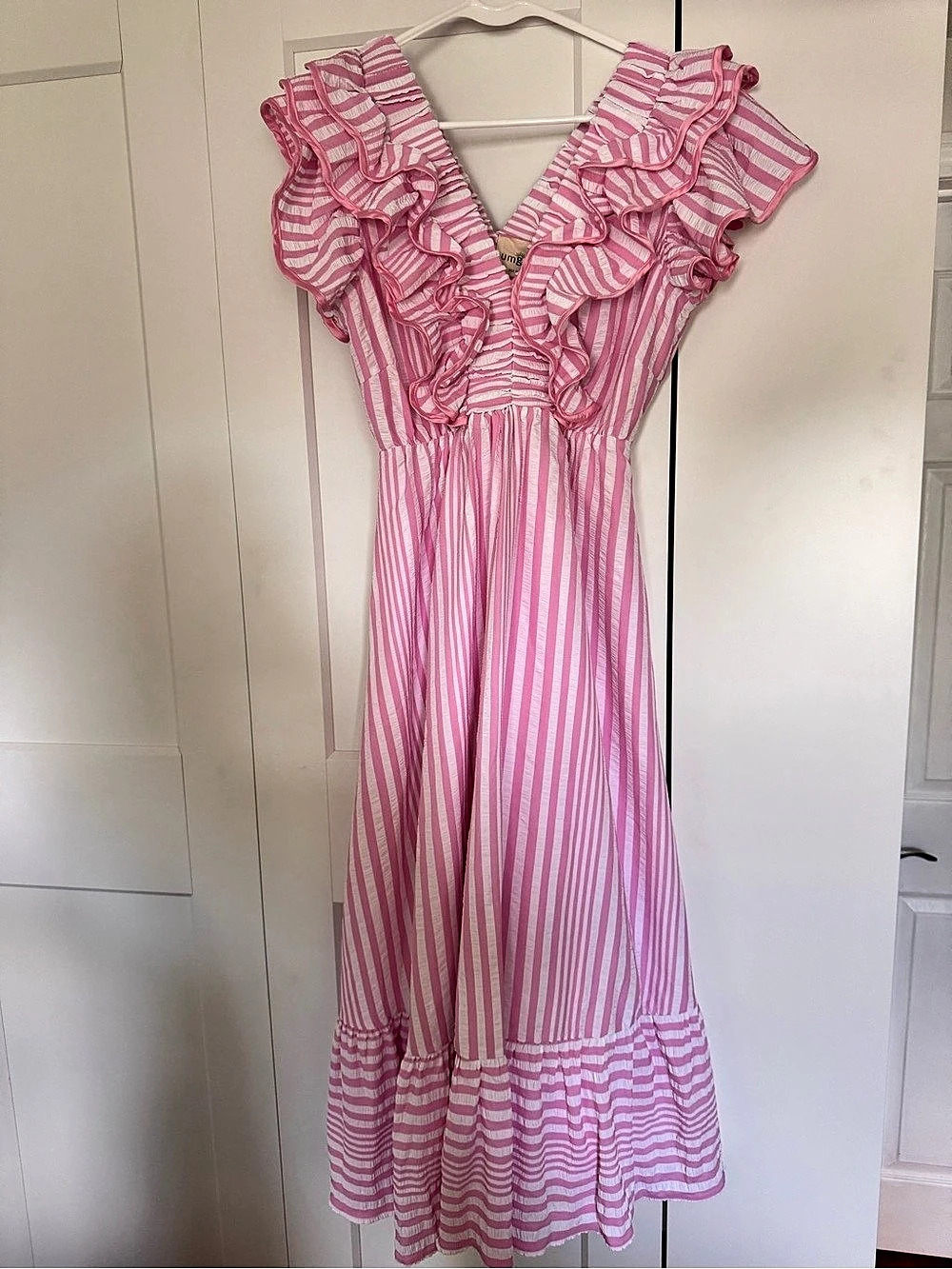 Umgee Stripe Smocked Yoke Ruffle Dress Pink & White NWT